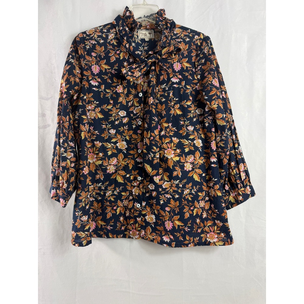 MILLE BLAIR Top Montmartre tie neck blouse navy blue floral XS